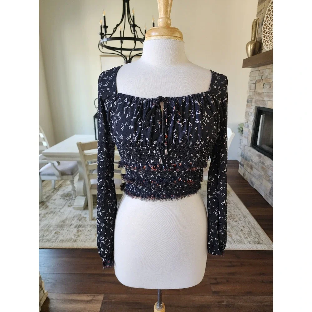 Free‎ People Boho Black Floral Smocked Lolita Long Sleeve Square Neck Womens XS